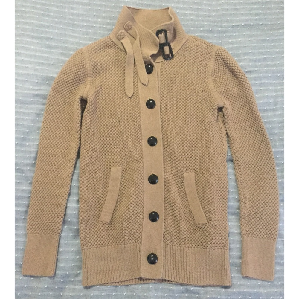 Thick Knit Cardigan with Funnel Neck and Buckles